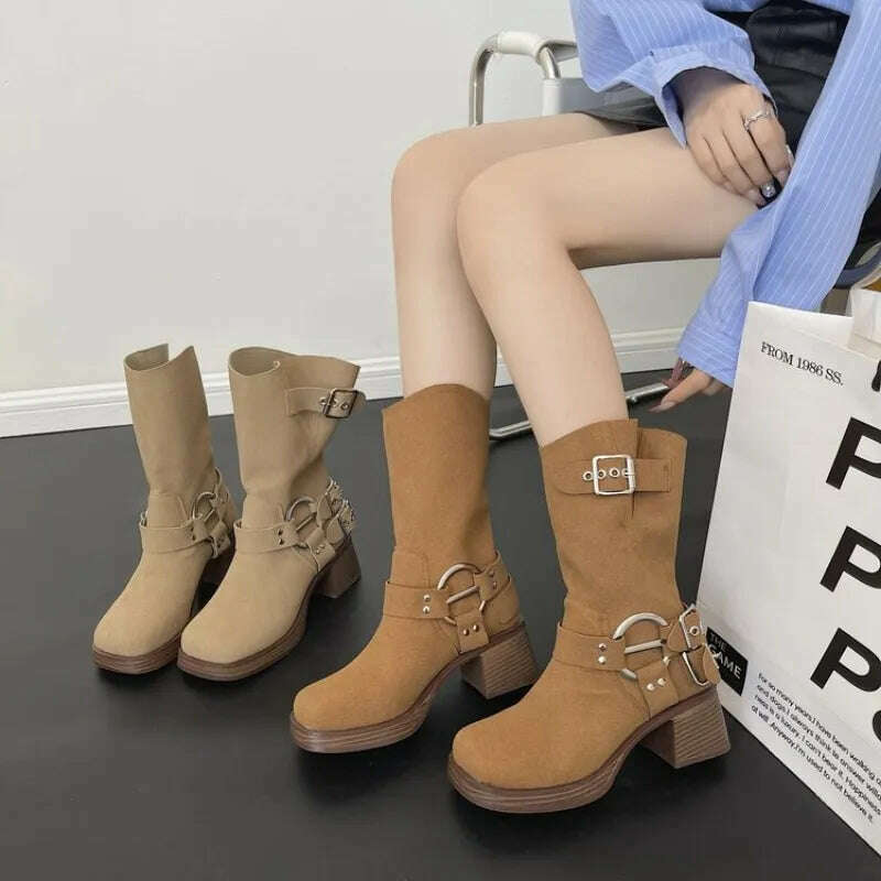 KIMLUD, Thick High Heels Women Mid Calf Boots 2023 Hot Punk Gothic Knee High Motorcycles Boots Buckle Comfy Walking Boots Autumn Winter, KIMLUD Womens Clothes