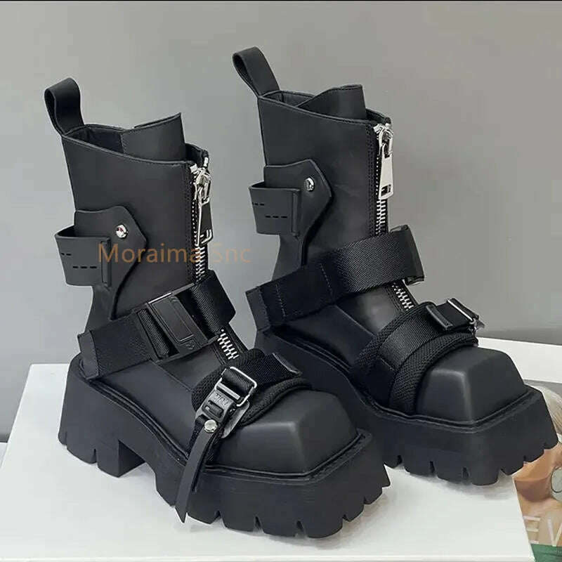 KIMLUD, Thick Sole Belt Buckle Square Toe Ankle Boots Women Short Knight Boots Chelsea Boots Zipper Platform Shoes 2022 Autumn Winter, black / 35 / China, KIMLUD Women's Clothes