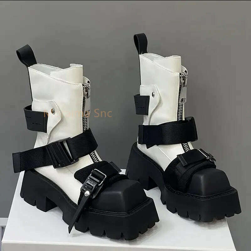 KIMLUD, Thick Sole Belt Buckle Square Toe Ankle Boots Women Short Knight Boots Chelsea Boots Zipper Platform Shoes 2022 Autumn Winter, white / 35 / China, KIMLUD Womens Clothes