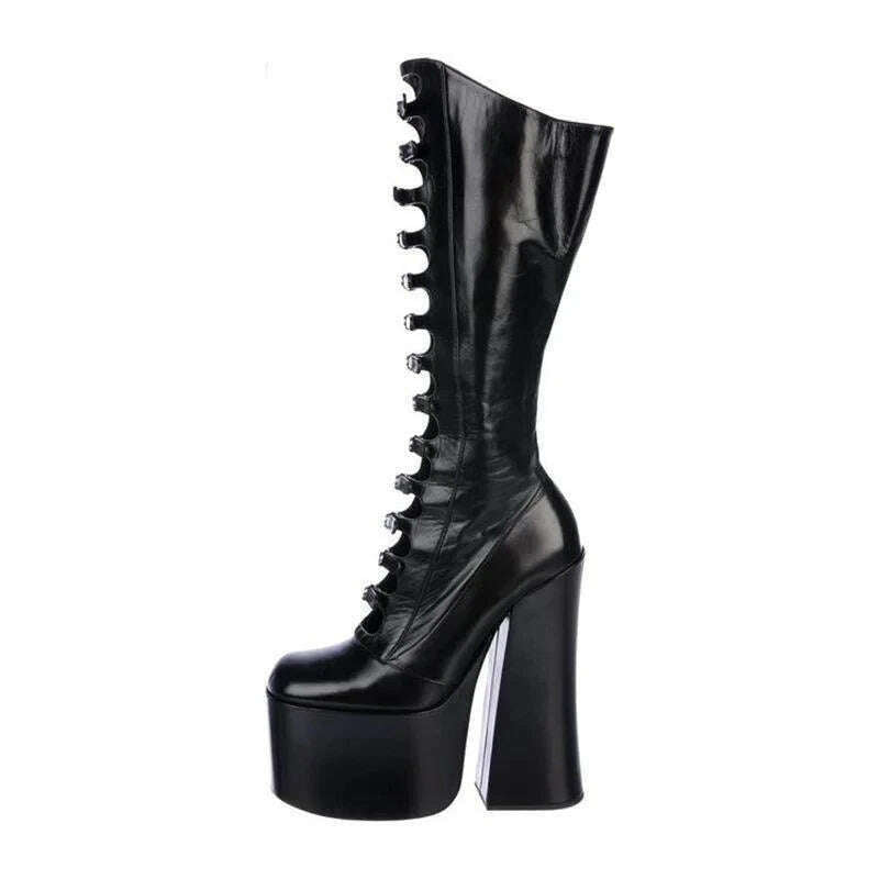 KIMLUD, Thick Sole Black Hollow Out Knee High Boots Women Platform Square Heel Dance Shoes Super High Heel Sexy Boots Plus Size Footwear, KIMLUD Womens Clothes