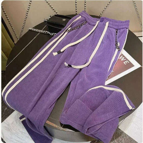 KIMLUD, Thickened Black Straight Casual Pants for Women 2023 New Autumn Winter Trousers High Waist Loose Slimming Wide Leg Sweatpants, Purple / S, KIMLUD Womens Clothes