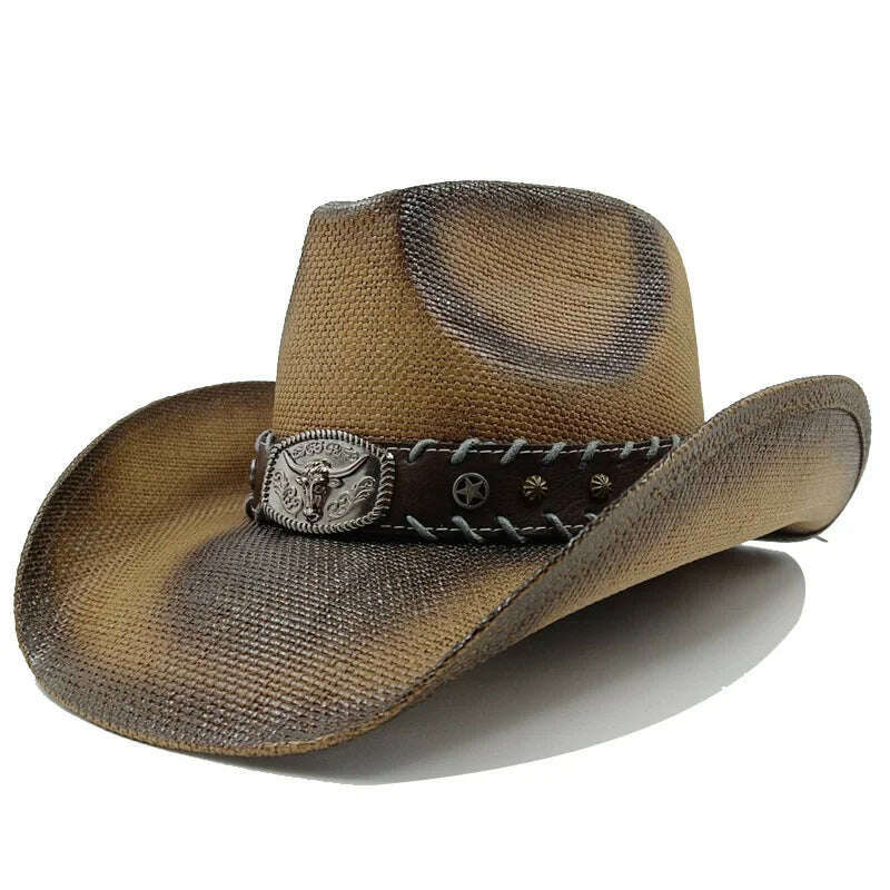KIMLUD, Thickened Cowboy Hat Vintage Straw Hat 2023 New Men's and Women's Jazz Large Size Cowboy Hat Straw Hat Sun Hat Summer Hat, KIMLUD Women's Clothes