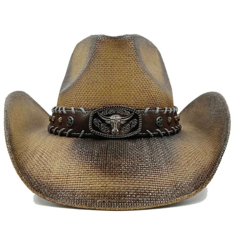 KIMLUD, Thickened Cowboy Hat Vintage Straw Hat 2023 New Men's and Women's Jazz Large Size Cowboy Hat Straw Hat Sun Hat Summer Hat, 36 / 56-58cm / CHINA, KIMLUD Women's Clothes