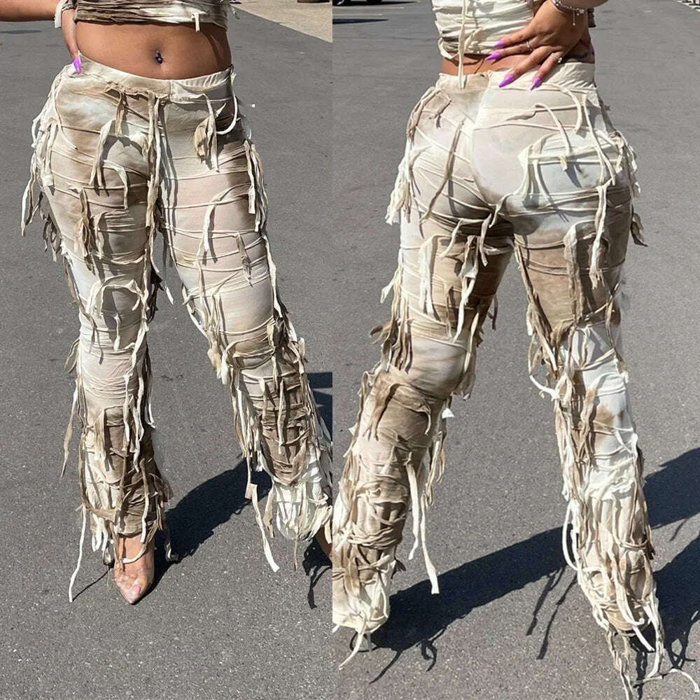 KIMLUD, Tie Dye Fringe Pant Cargo Trousers Y2K Streetwear Fashion 2023 Women Summer Clothes Pencil Casual Tassel Sweat Pants Joggers, Beige / S, KIMLUD Womens Clothes