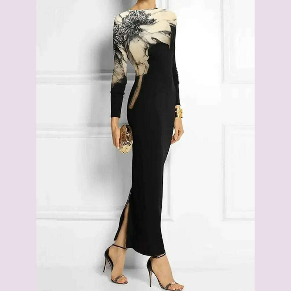 Tinaa Floral Printed Bodycon Evening Dresses for Autumn Winter Fashion Women Long Sleeves Floral Printed Boat Neck Maxi Dresses - KIMLUD