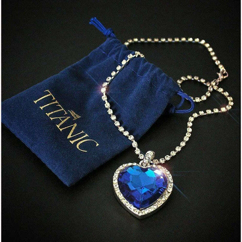 KIMLUD, Titanic Heart of Ocean Blue Heart Love Forever Pendant Necklace with Titanic Earrings + Velvet Bag, KIMLUD Women's Clothes