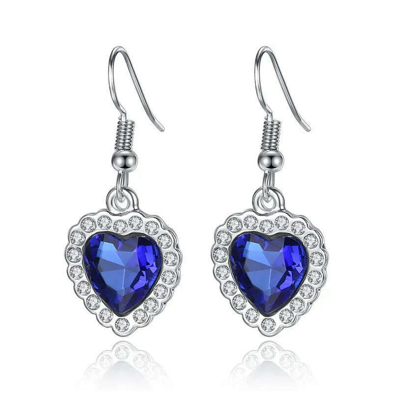 Titanic Heart of Ocean Blue Heart Love Forever Pendant Necklace with Titanic Earrings + Velvet Bag - KIMLUD