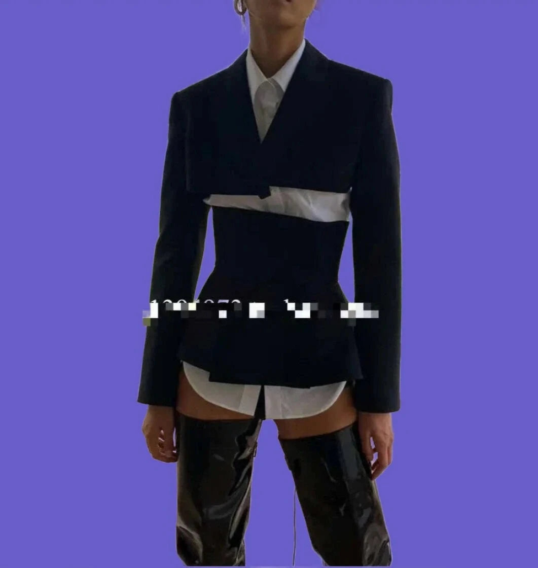 KIMLUD, TNFS Women Blazer Set Jacket Long Sleeve Ladies Suit Coat With Waistband Fashion Suit Jacket, Black / S, KIMLUD Women's Clothes