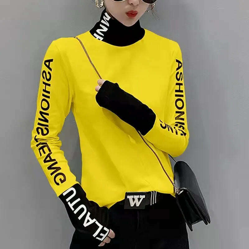 KIMLUD, Top for Women Long Sleeve Turtleneck Slim T Shirts Female Yellow Skinny Emo Tees Cartoon Clothes Loose Youth Spring Xxl Pulovers, Yellow / M, KIMLUD Women's Clothes