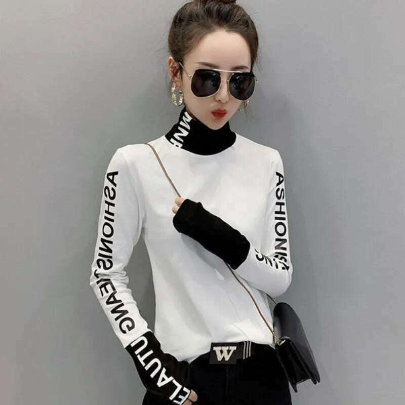 KIMLUD, Top for Women Long Sleeve Turtleneck Slim T Shirts Female Yellow Skinny Emo Tees Cartoon Clothes Loose Youth Spring Xxl Pulovers, KIMLUD Women's Clothes