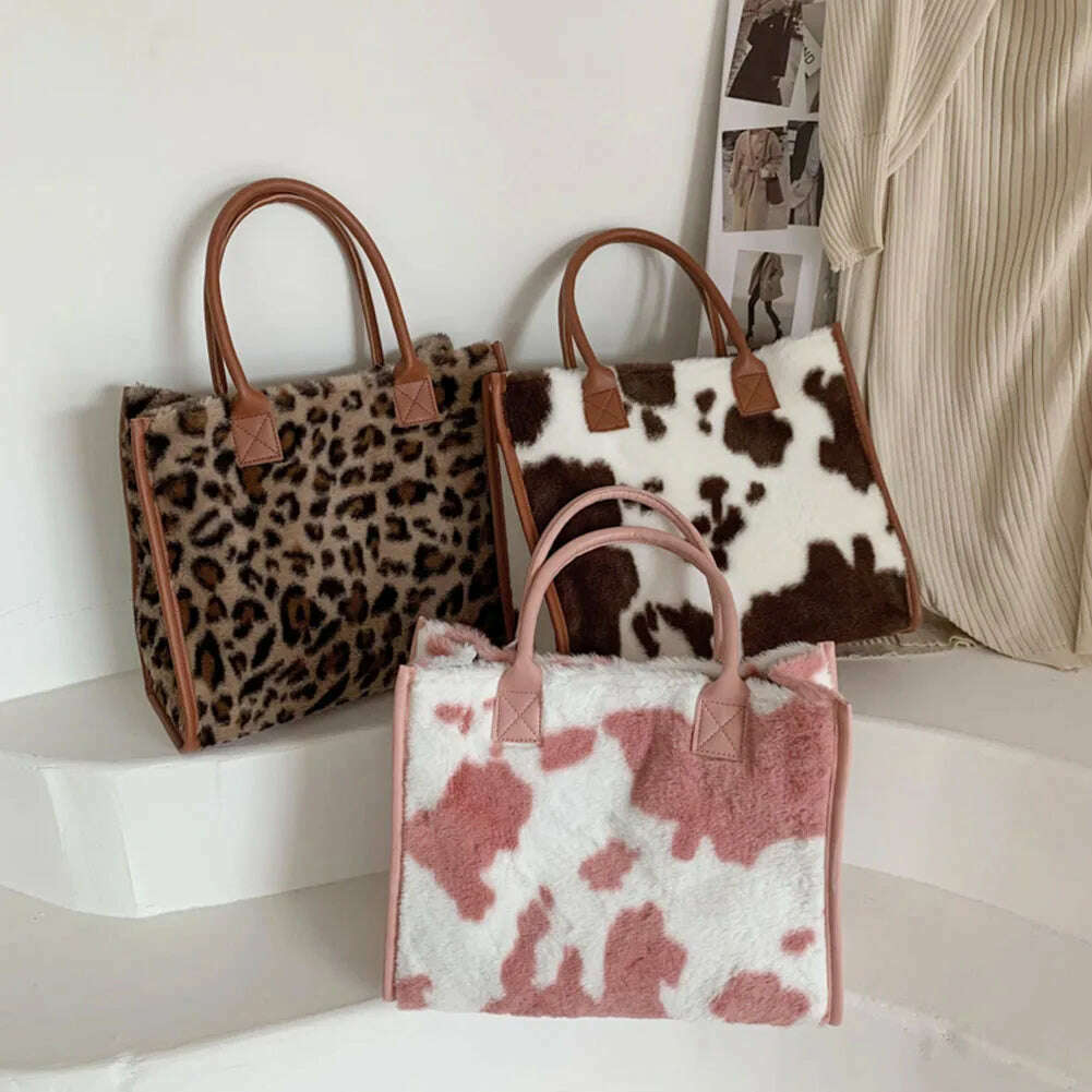 Top-Handle Bags Retro Cow Leopard Print PU Leather Plush Design Autumn Winter Fashion Small Women Small Handbags - KIMLUD