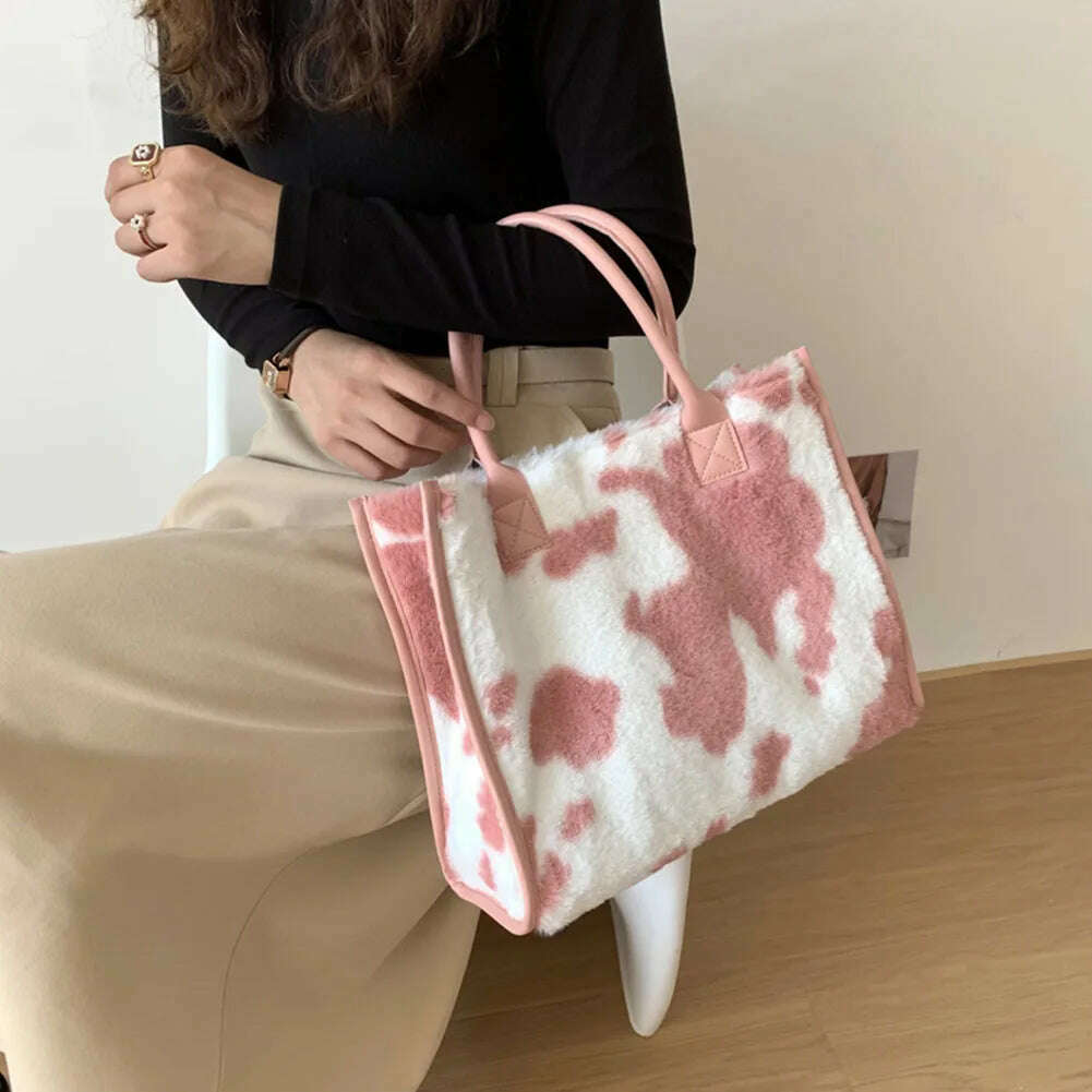 Top-Handle Bags Retro Cow Leopard Print PU Leather Plush Design Autumn Winter Fashion Small Women Small Handbags - KIMLUD