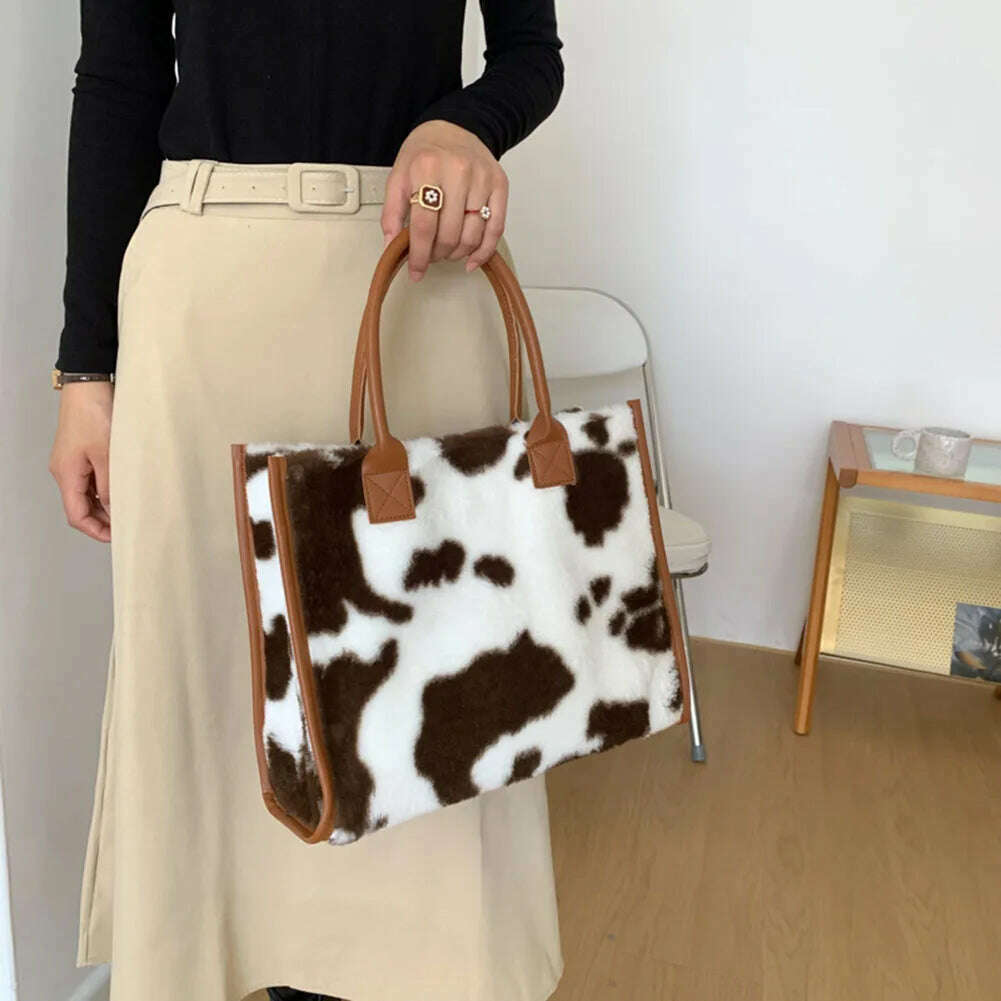 Top-Handle Bags Retro Cow Leopard Print PU Leather Plush Design Autumn Winter Fashion Small Women Small Handbags - KIMLUD