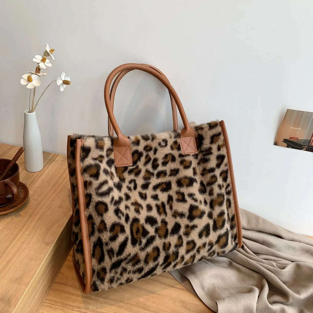 Top-Handle Bags Retro Cow Leopard Print PU Leather Plush Design Autumn Winter Fashion Small Women Small Handbags - KIMLUD
