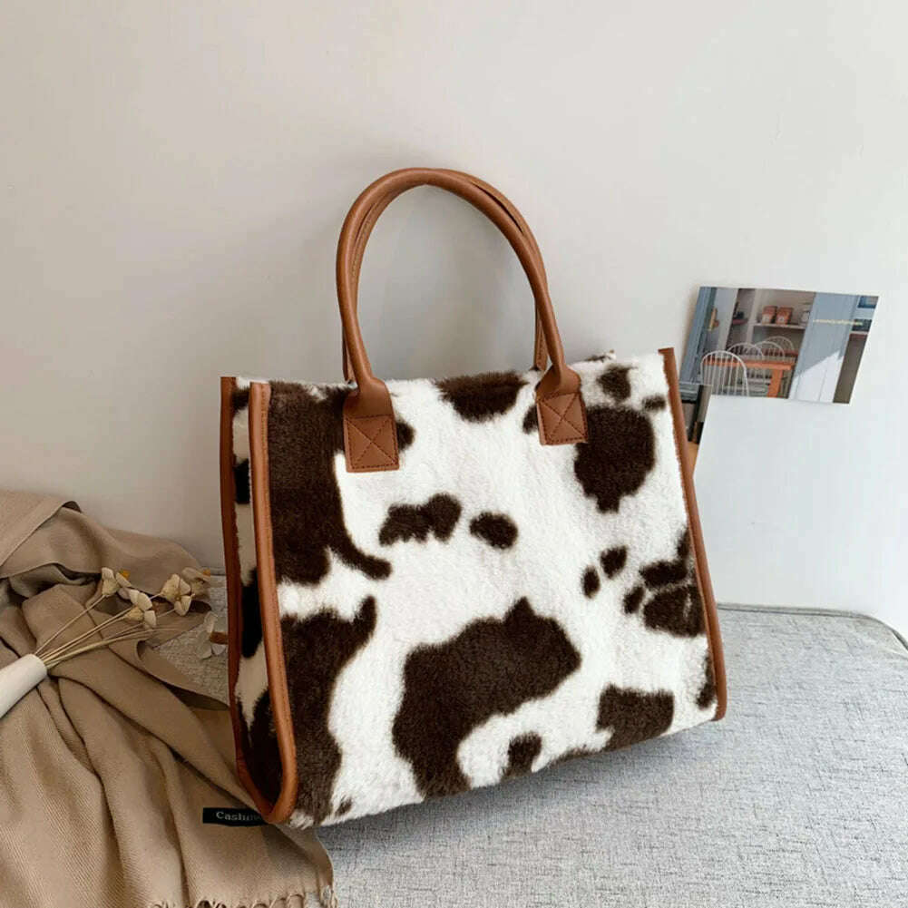 Top-Handle Bags Retro Cow Leopard Print PU Leather Plush Design Autumn Winter Fashion Small Women Small Handbags - KIMLUD