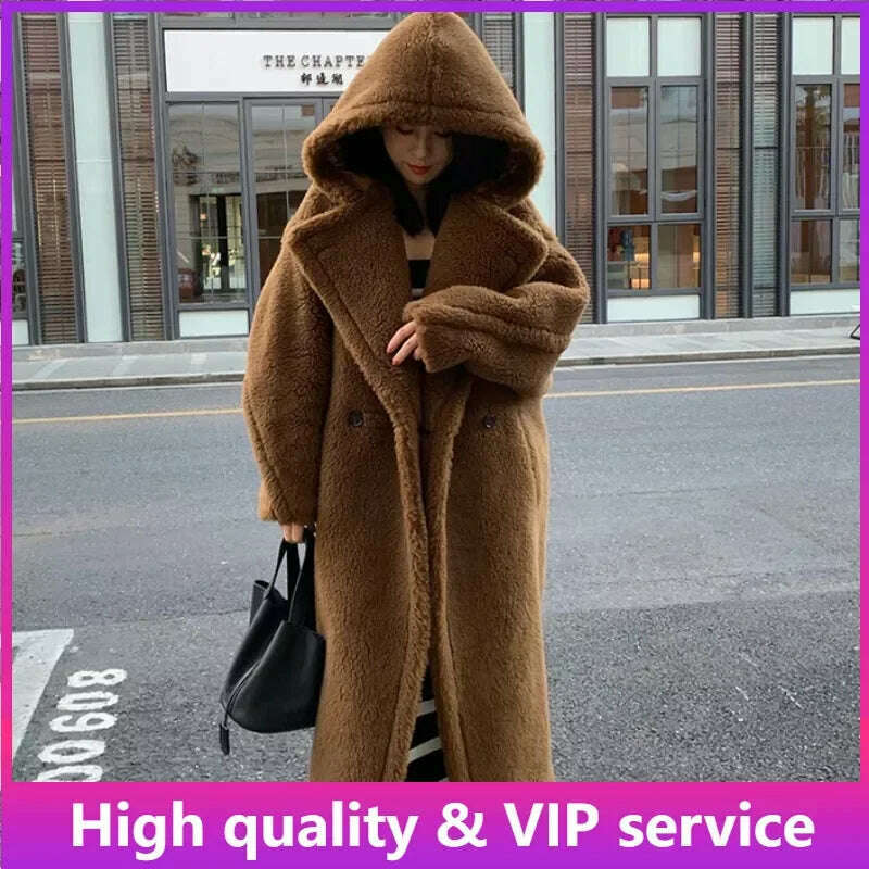 KIMLUD, Top Quality Max Coat, Teddy Hooded Women's Coats and Jackets, Winter Fur Long Hooded Teddy Coat，Wool Coat Women，Winter Coat, KIMLUD Womens Clothes