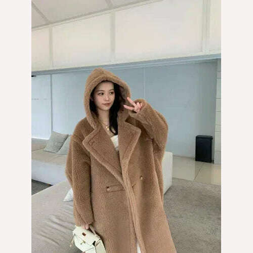 KIMLUD, Top Quality Max Coat, Teddy Hooded Women's Coats and Jackets, Winter Fur Long Hooded Teddy Coat，Wool Coat Women，Winter Coat, Camel / XS, KIMLUD APPAREL - Womens Clothes