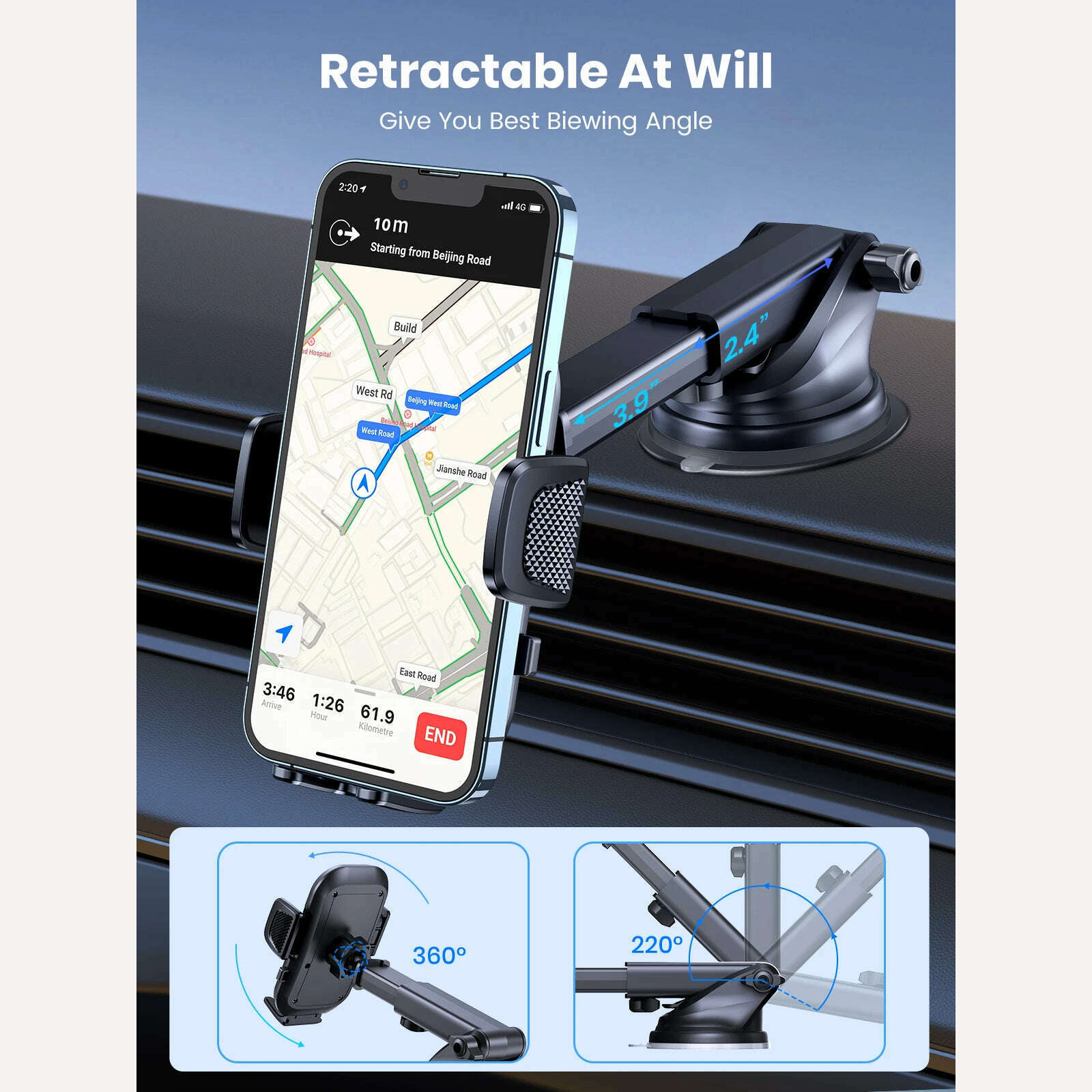 TOPK Car Phone Holder for Dashboard & Windscreen for Universal Cars 360° Rotatable Mobile Phone Holder for All Mobile Phones - KIMLUD