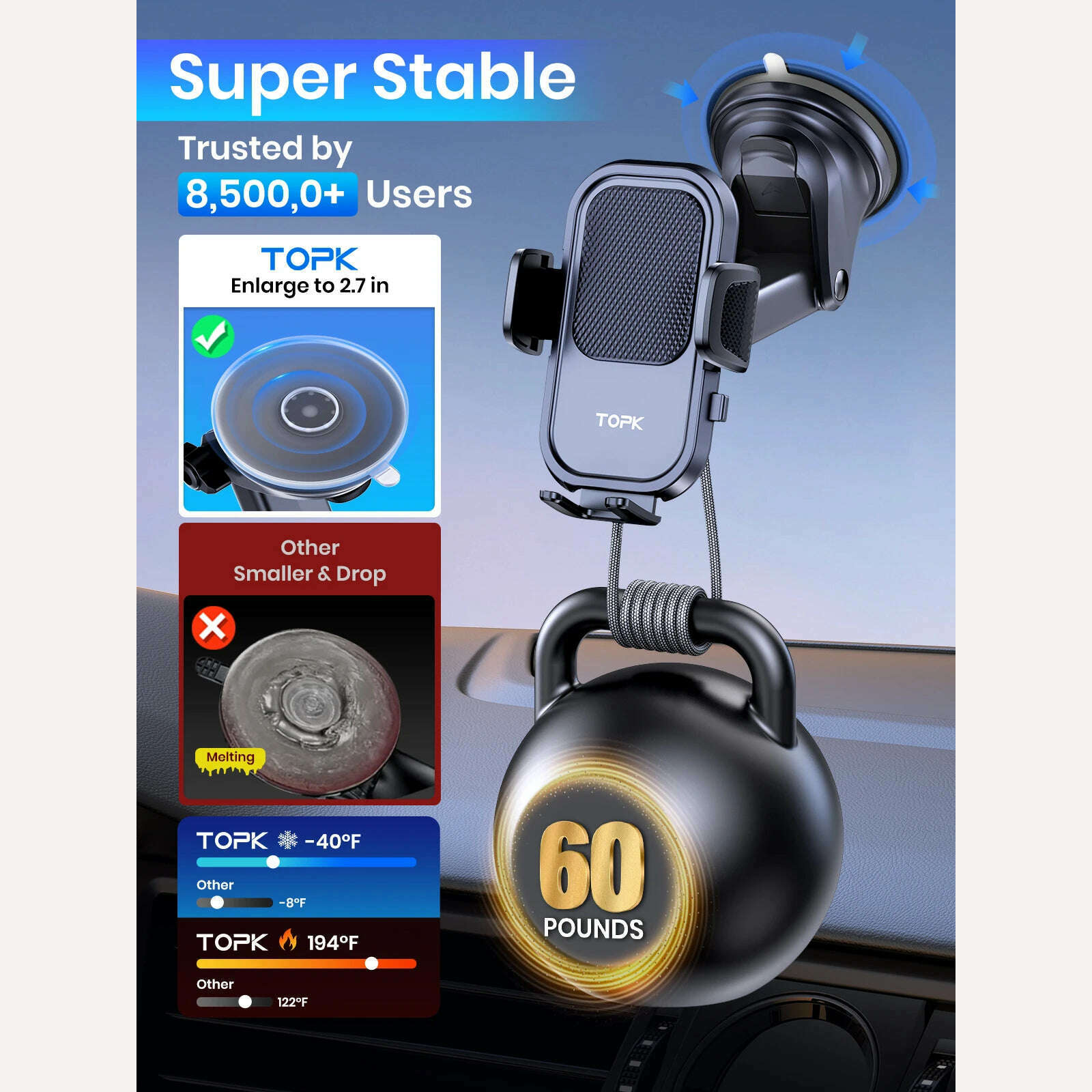 TOPK Car Phone Holder for Dashboard & Windscreen for Universal Cars 360° Rotatable Mobile Phone Holder for All Mobile Phones - KIMLUD