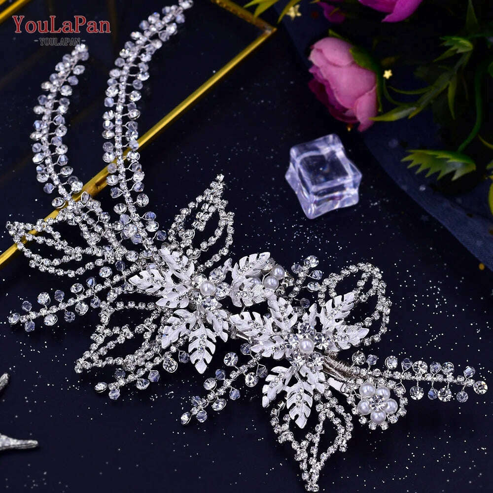 KIMLUD, TOPQUEEN HP254 Bridal Side Clip Wedding Tiara Bridal Hairpins Handmade Rhinestone Women Headwear Alloy Flower Bride Headdress, HP254-S, KIMLUD APPAREL - Womens Clothes