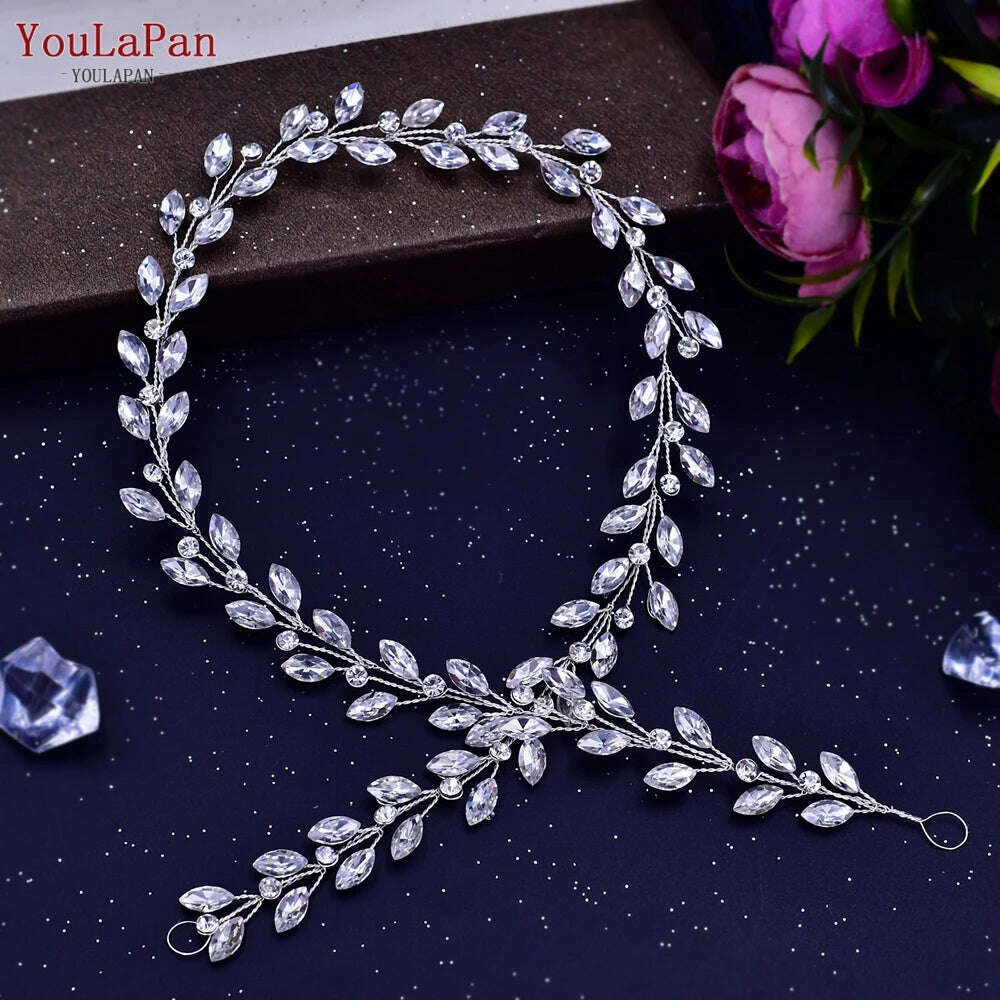 KIMLUD, TOPQUEEN Wedding Tiara Bride Headpieces Party Hair Jewelry Rhinestone Headbands for Woman Wedding Bridal Hair Accessories, HP394-Silver 50cm / CHINA, KIMLUD Womens Clothes