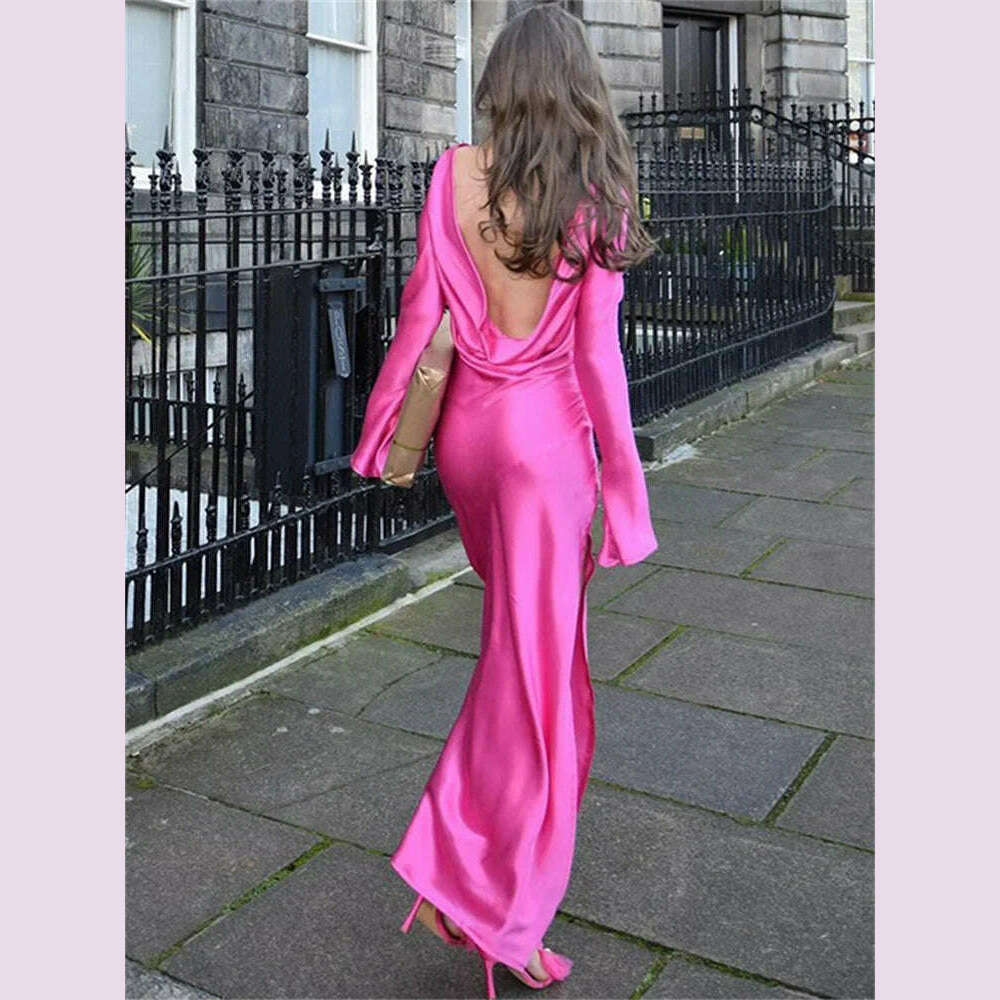 KIMLUD, Tossy Backless Satin Fashion Maxi Dress For Women Elegant Solid Slim Patchwork Long Sleeve Autumn 2024 Female Gown Long Dress, KIMLUD Womens Clothes