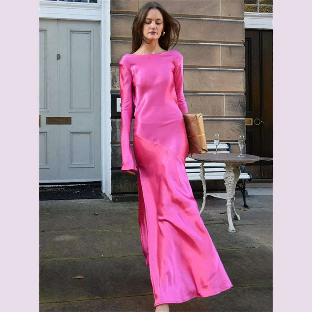 KIMLUD, Tossy Backless Satin Fashion Maxi Dress For Women Elegant Solid Slim Patchwork Long Sleeve Autumn 2024 Female Gown Long Dress, KIMLUD Womens Clothes