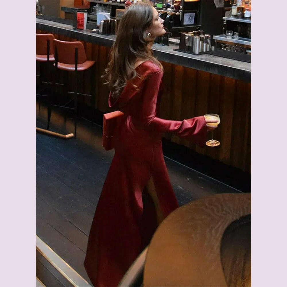 KIMLUD, Tossy Backless Satin Fashion Maxi Dress For Women Elegant Solid Slim Patchwork Long Sleeve Autumn 2024 Female Gown Long Dress, KIMLUD Womens Clothes