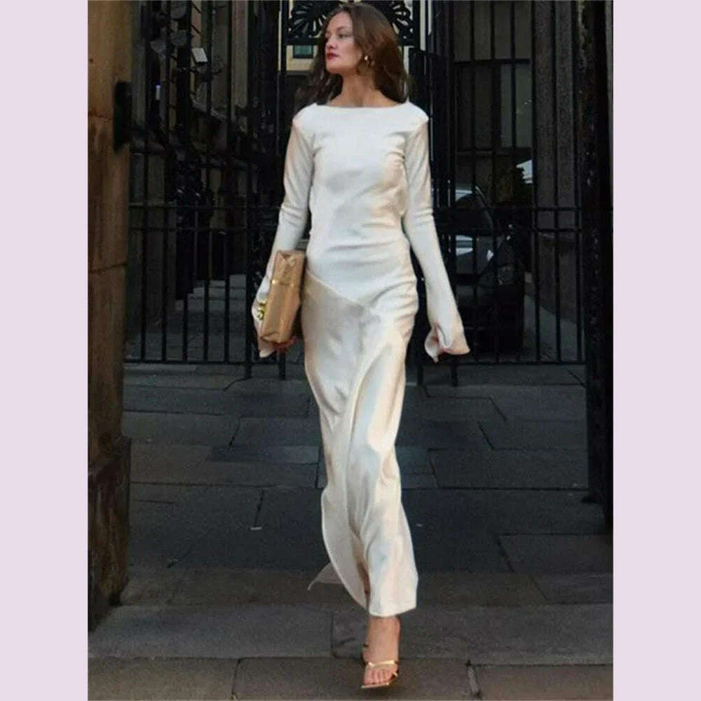 KIMLUD, Tossy Backless Satin Fashion Maxi Dress For Women Elegant Solid Slim Patchwork Long Sleeve Autumn 2024 Female Gown Long Dress, WHITE / S, KIMLUD APPAREL - Womens Clothes