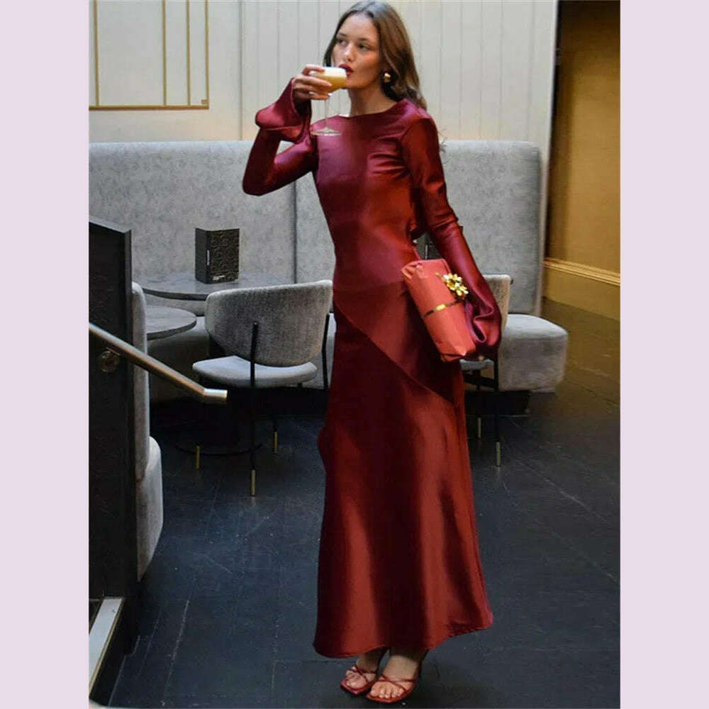 KIMLUD, Tossy Backless Satin Fashion Maxi Dress For Women Elegant Solid Slim Patchwork Long Sleeve Autumn 2024 Female Gown Long Dress, KIMLUD Womens Clothes