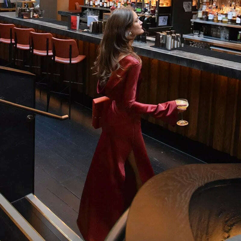 KIMLUD, Tossy Backless Satin Fashion Maxi Dress For Women Elegant Solid Slim Patchwork Long Sleeve Autumn 2024 Female Gown Long Dress, KIMLUD Womens Clothes