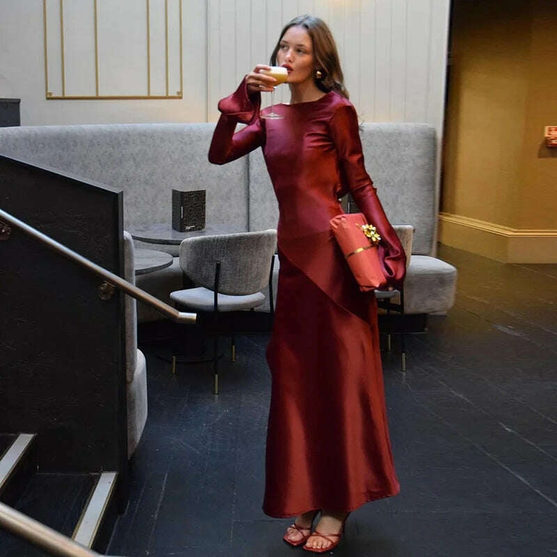 KIMLUD, Tossy Backless Satin Fashion Maxi Dress For Women Elegant Solid Slim Patchwork Long Sleeve Autumn 2024 Female Gown Long Dress, KIMLUD Womens Clothes