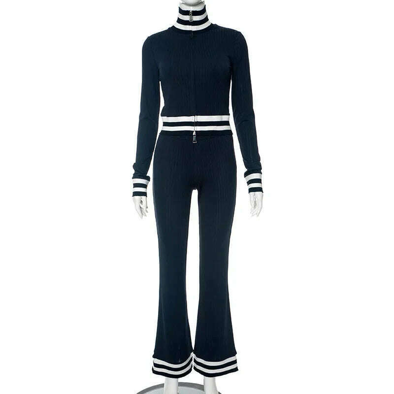 KIMLUD, Tossy Knit Contrast 2 Piece-Set For Women Fashion Ribbed Patchwork Long Sleeve Slim Cardigan Top And Trousers Outfits Knitwear, Blue / S, KIMLUD APPAREL - Womens Clothes