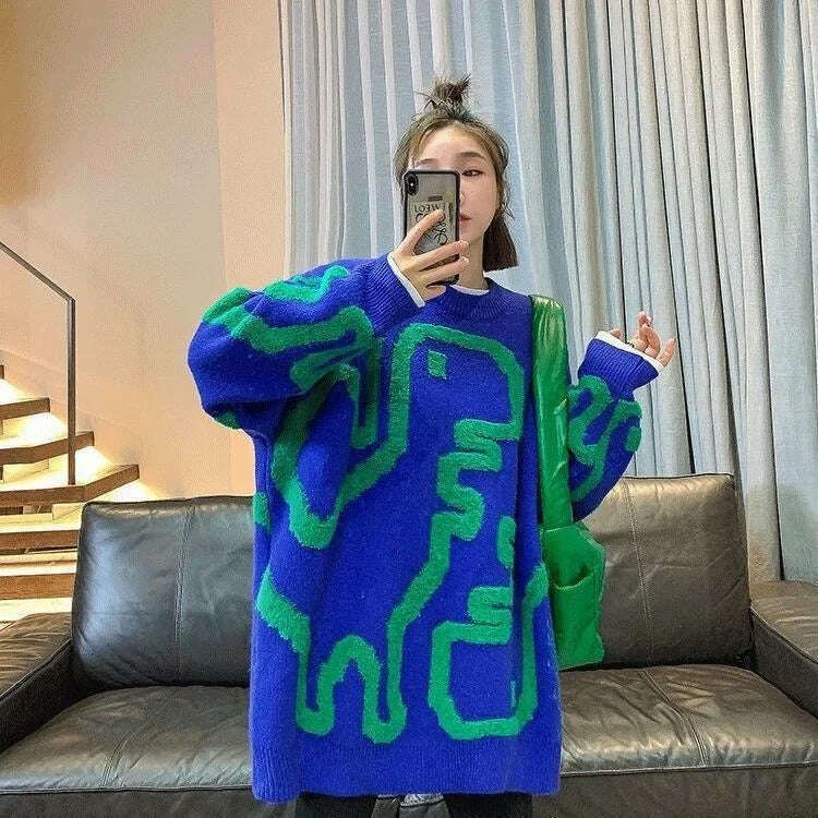 KIMLUD, Towel Embroidery Thickened Sweater Women's 2023 Winter New Korean Version Thickened Loose Round Neck Medium Long Coat Knitwear, Blue / M, KIMLUD Women's Clothes