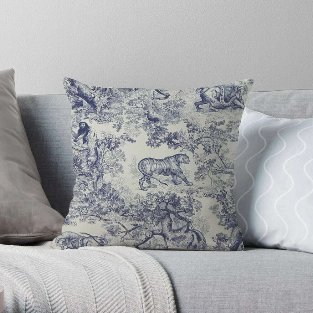 KIMLUD, Traditional Classic French Toile De Jouy Motif Design Pattern Navy Blue Elegant Retro Cushion Cover Home Decor Sofa Pillow Case, B 45X45CM / Plush Cover, KIMLUD APPAREL - Womens Clothes