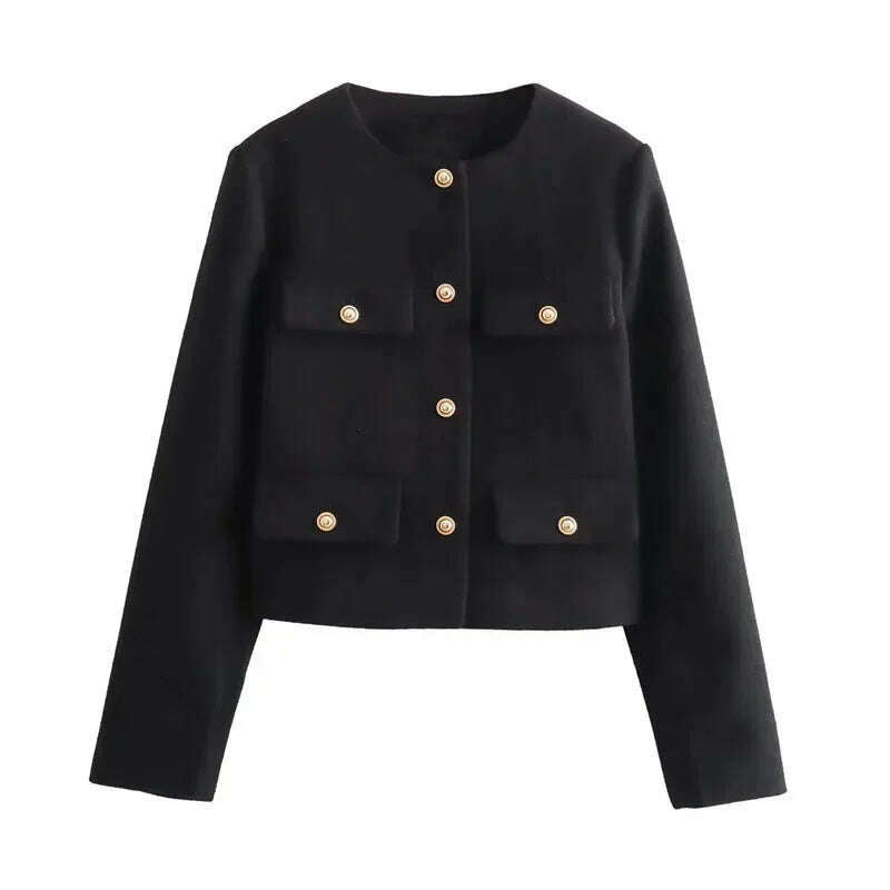 TRAF Autumn Cropped Jacket For Women Coat Winter Crop Jacket Tweed Round neck Long sleeved Demi-season Jacket Bomber Outerwears - KIMLUD