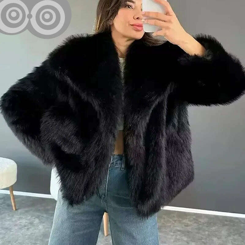 KIMLUD, TRAF Winter Faux Fur Coat 2024 Woman New in coats Autumn Fur Plush Fluffy Jacket Warm Red Gray Black White Fur Coat Outerwears, KIMLUD Womens Clothes