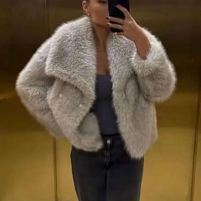 KIMLUD, TRAF Winter Faux Fur Coat 2024 Woman New in coats Autumn Fur Plush Fluffy Jacket Warm Red Gray Black White Fur Coat Outerwears, KIMLUD Womens Clothes