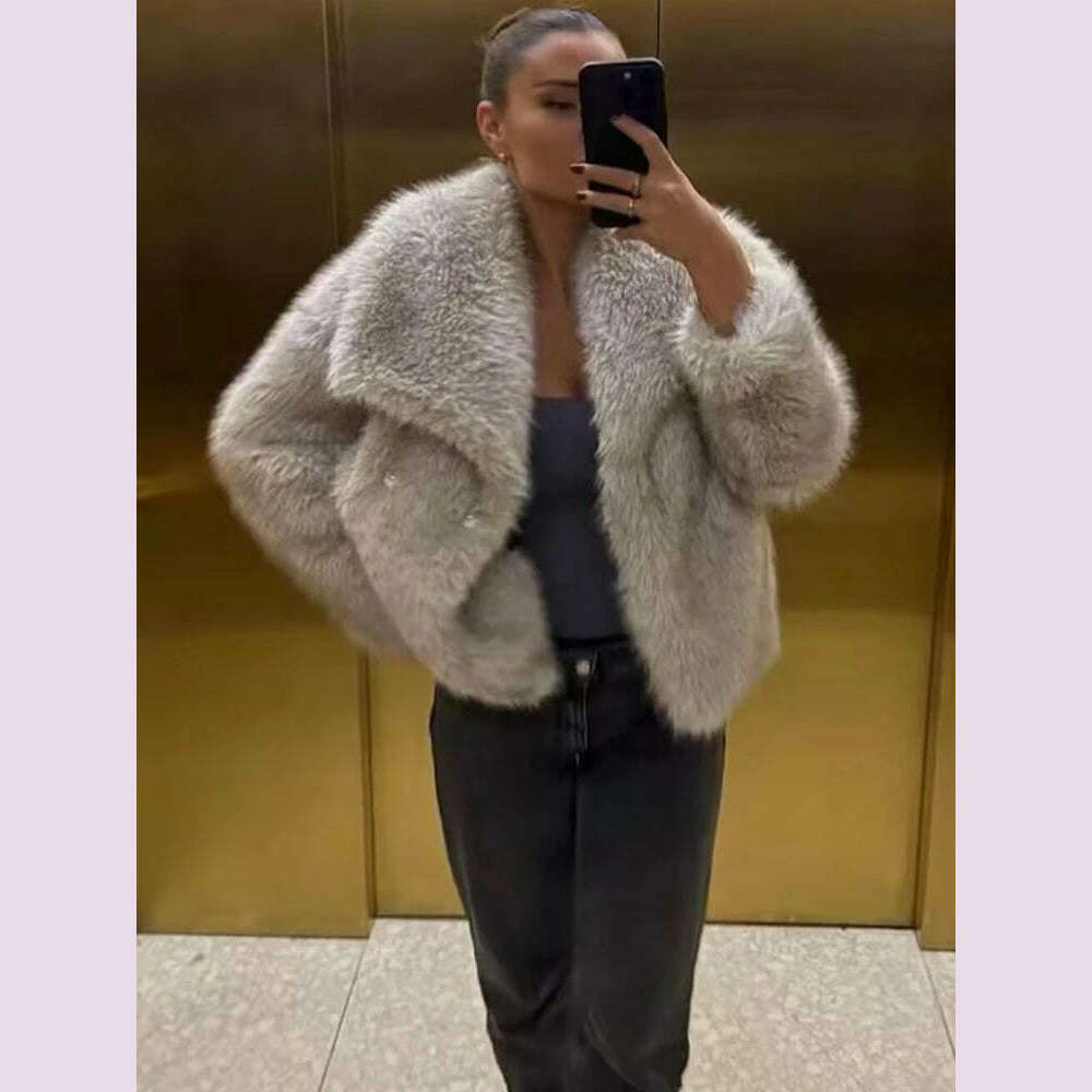 KIMLUD, TRAF Winter Faux Fur Coat 2024 Woman New in coats Autumn Fur Plush Fluffy Jacket Warm Red Gray Black White Fur Coat Outerwears, KIMLUD Womens Clothes