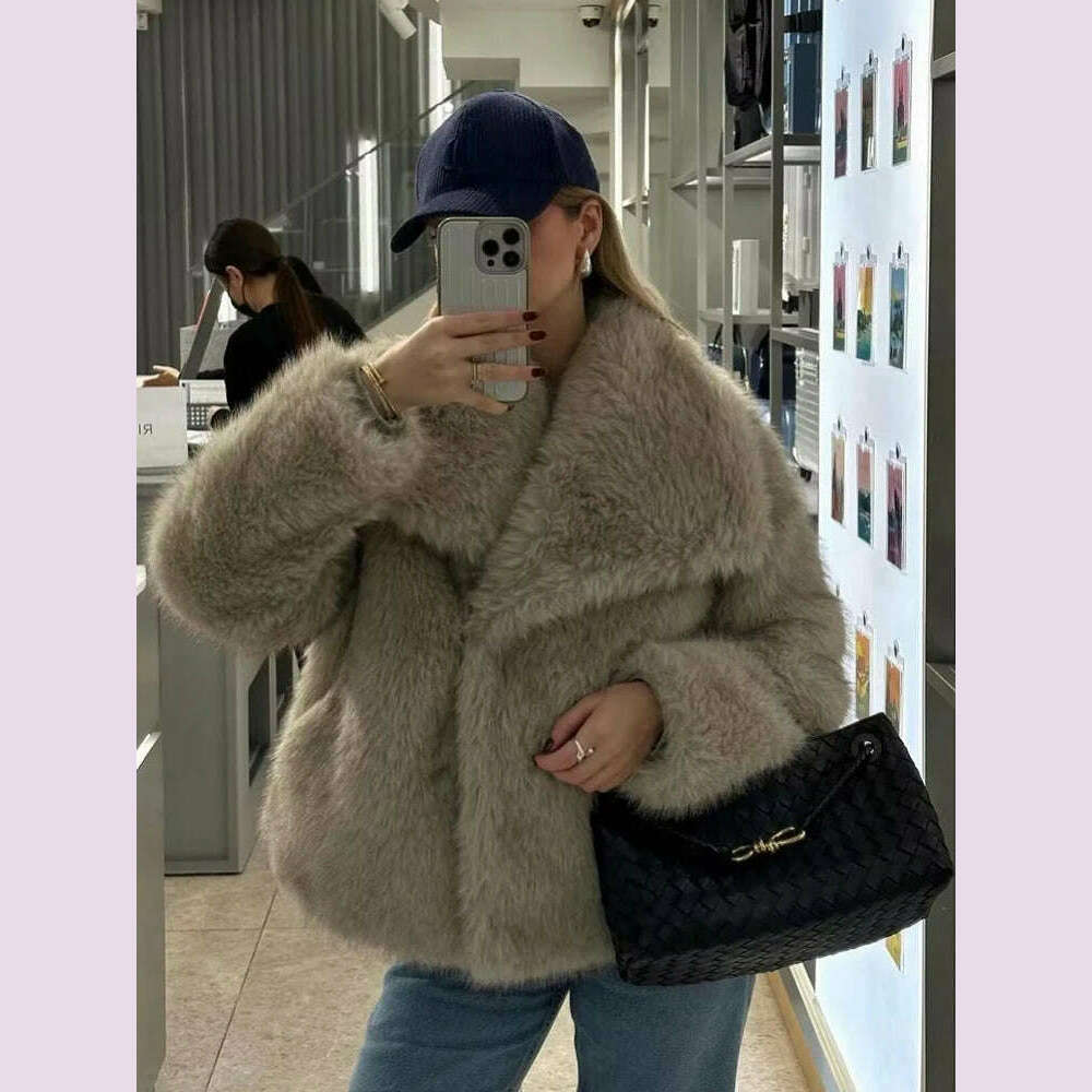 KIMLUD, TRAF Winter Faux Fur Coat 2024 Woman New in coats Autumn Fur Plush Fluffy Jacket Warm Red Gray Black White Fur Coat Outerwears, KIMLUD Womens Clothes