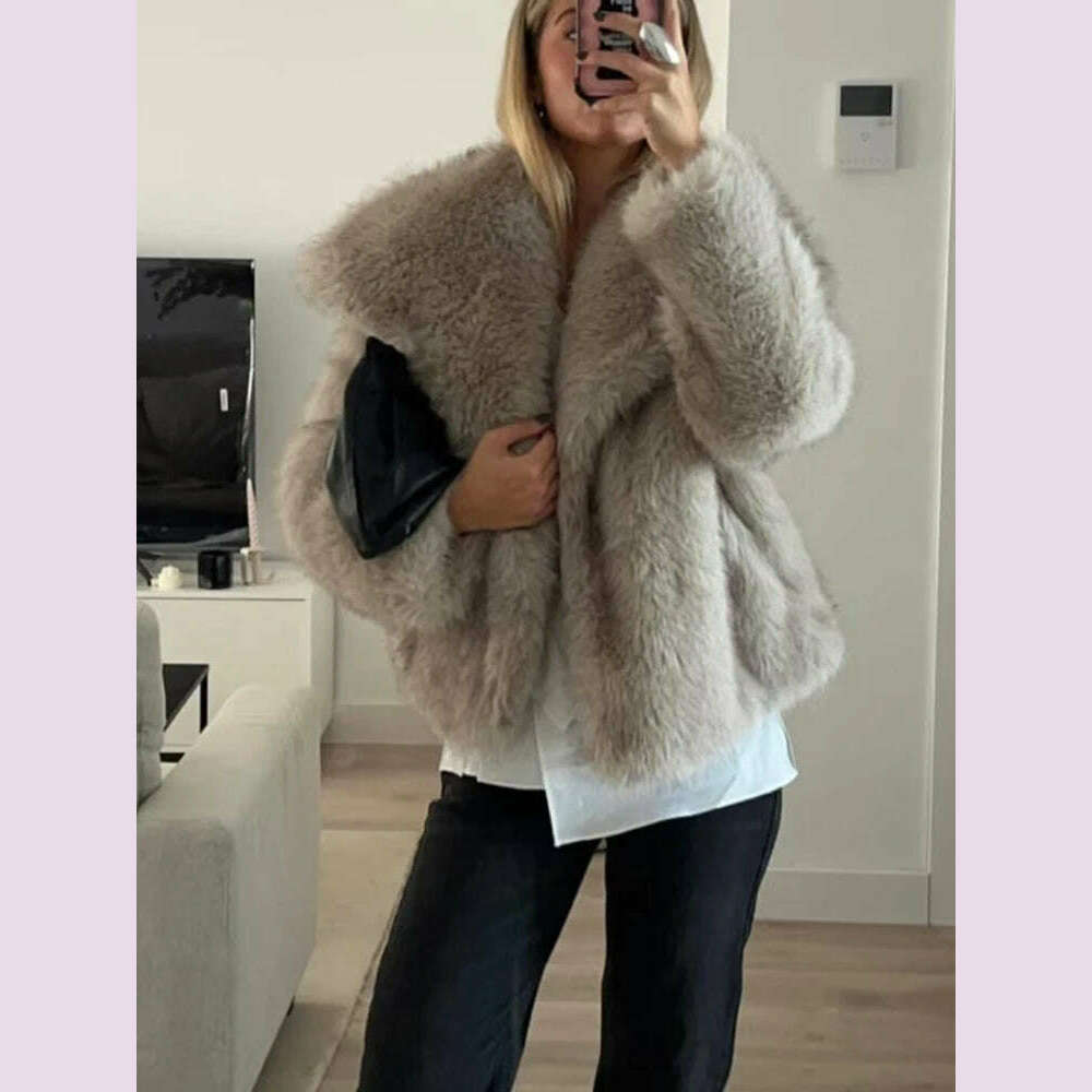 KIMLUD, TRAF Winter Faux Fur Coat 2024 Woman New in coats Autumn Fur Plush Fluffy Jacket Warm Red Gray Black White Fur Coat Outerwears, KIMLUD Womens Clothes