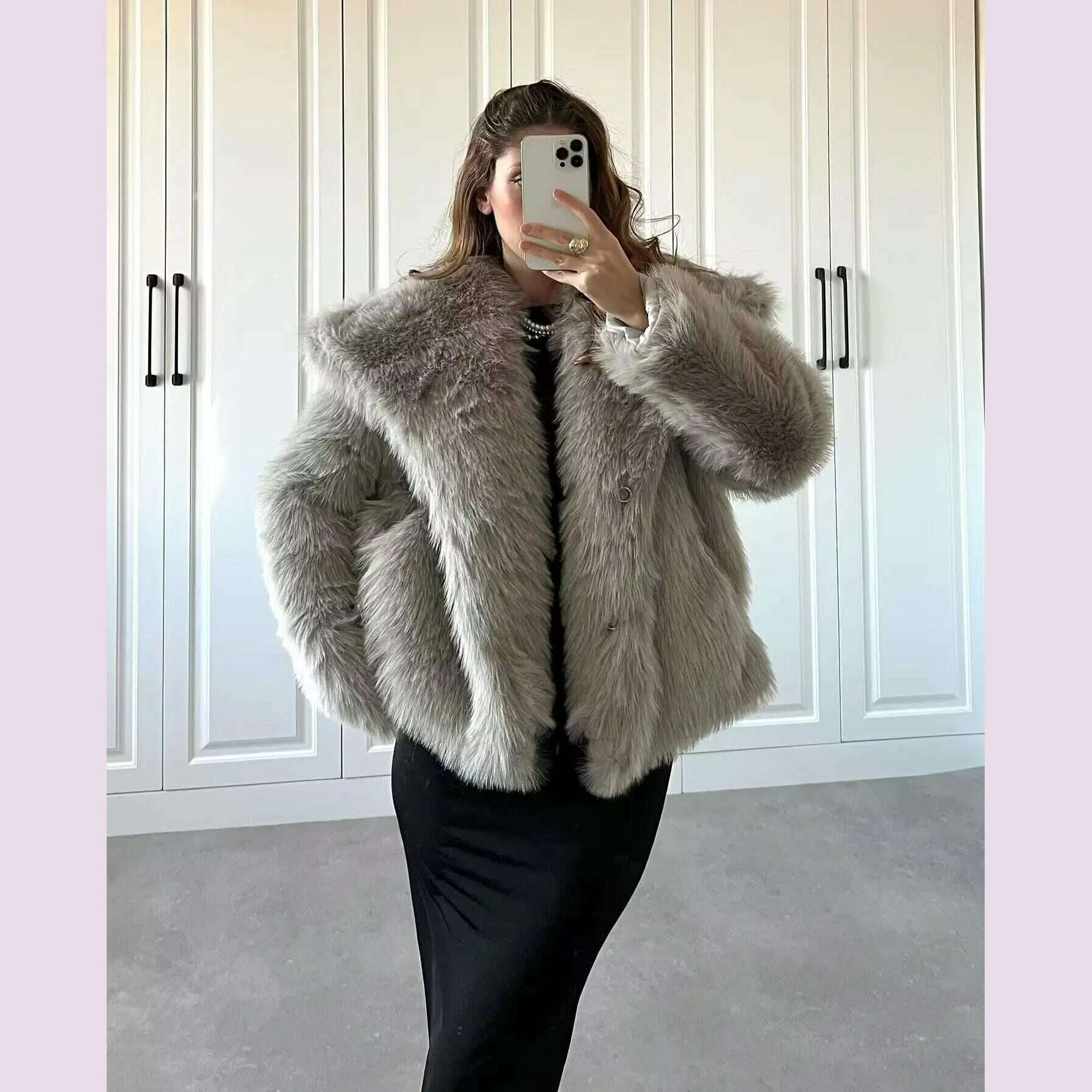 KIMLUD, TRAF Winter Faux Fur Coat 2024 Woman New in coats Autumn Fur Plush Fluffy Jacket Warm Red Gray Black White Fur Coat Outerwears, KIMLUD Womens Clothes