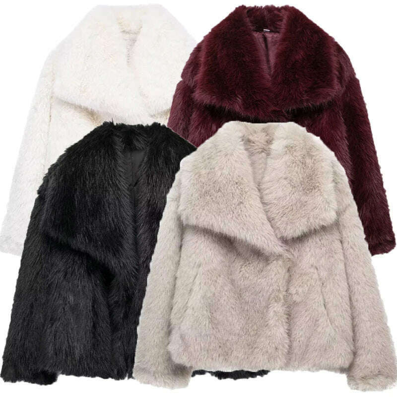 KIMLUD, TRAF Winter Faux Fur Coat 2024 Woman New in coats Autumn Fur Plush Fluffy Jacket Warm Red Gray Black White Fur Coat Outerwears, KIMLUD Womens Clothes