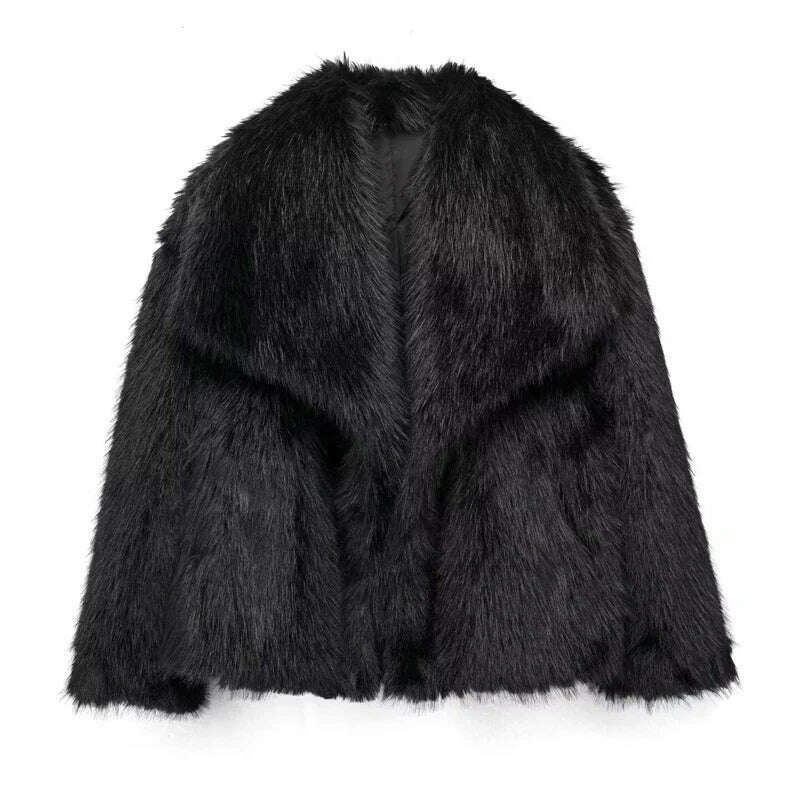 KIMLUD, TRAF Winter Faux Fur Coat 2024 Woman New in coats Autumn Fur Plush Fluffy Jacket Warm Red Gray Black White Fur Coat Outerwears, black / XS, KIMLUD APPAREL - Womens Clothes