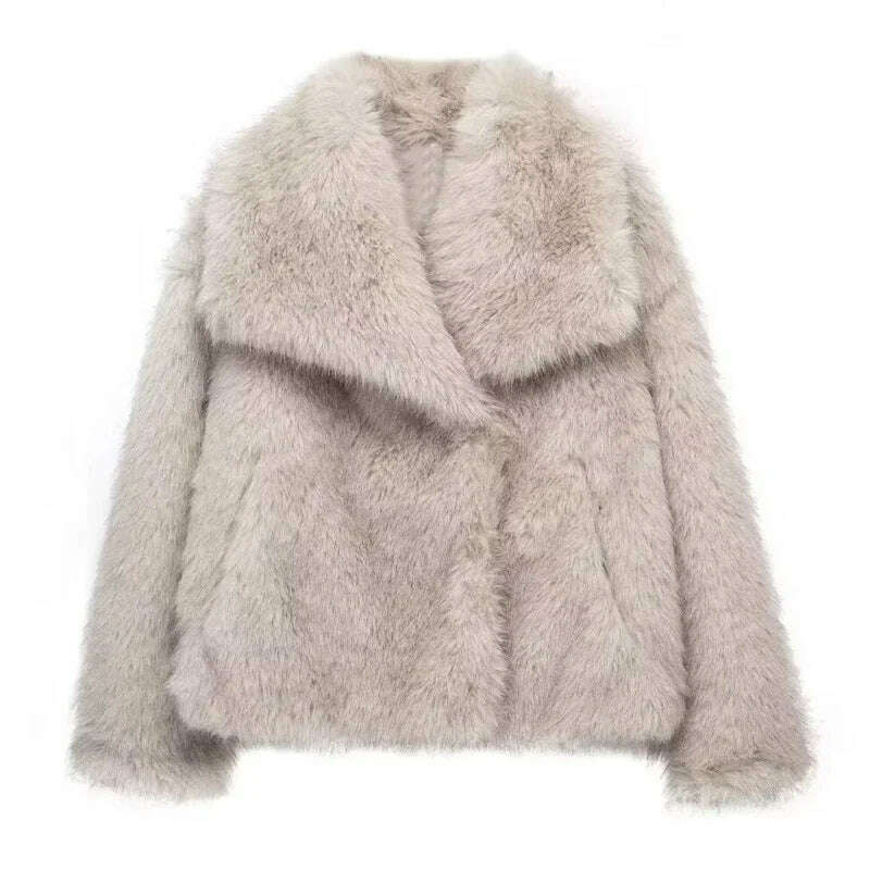 KIMLUD, TRAF Winter Faux Fur Coat 2024 Woman New in coats Autumn Fur Plush Fluffy Jacket Warm Red Gray Black White Fur Coat Outerwears, GRAY / XS, KIMLUD APPAREL - Womens Clothes