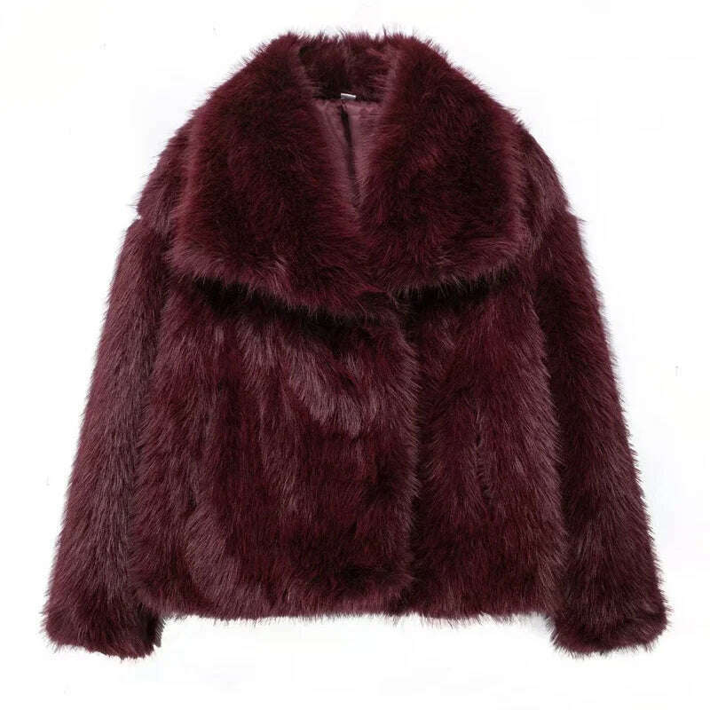 KIMLUD, TRAF Winter Faux Fur Coat 2024 Woman New in coats Autumn Fur Plush Fluffy Jacket Warm Red Gray Black White Fur Coat Outerwears, Red / XS, KIMLUD APPAREL - Womens Clothes