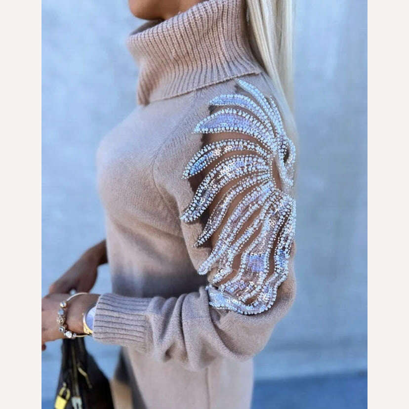KIMLUD, Traf Women 2023 Winter High Collar Solid Commuter Top Wings Pattern Design Contrast Sequin Decoration Knit Sweater Dress, KIMLUD Womens Clothes