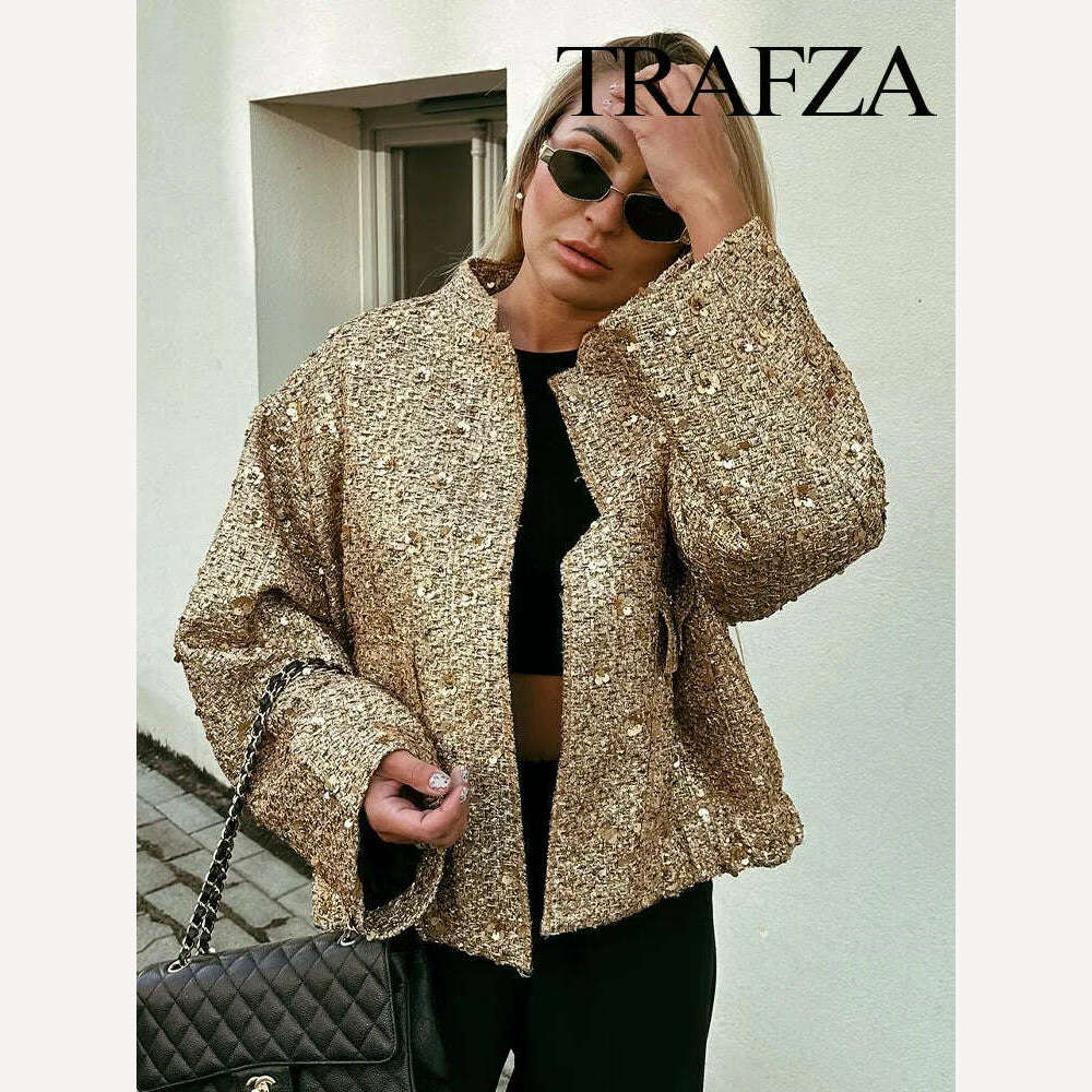 KIMLUD, TRAFZA Women Fashion Shiny Sequin Jacket Y2k Gold Color Stand Collar Long Sleeve Short Coat Autumn Winter Ladies High Streetwear, KIMLUD Womens Clothes