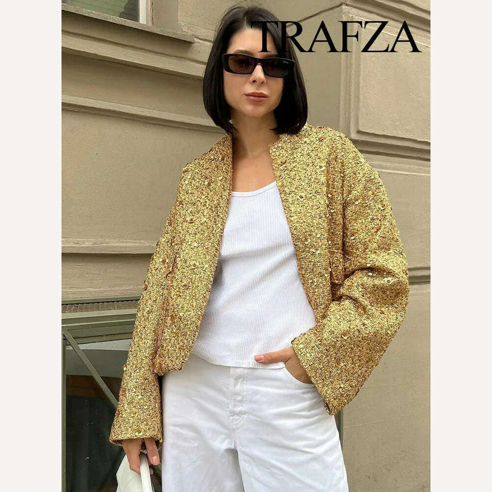 KIMLUD, TRAFZA Women Fashion Shiny Sequin Jacket Y2k Gold Color Stand Collar Long Sleeve Short Coat Autumn Winter Ladies High Streetwear, KIMLUD Womens Clothes