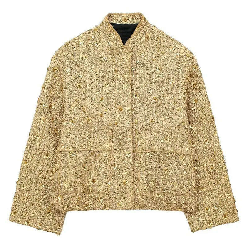 KIMLUD, TRAFZA Women Fashion Shiny Sequin Jacket Y2k Gold Color Stand Collar Long Sleeve Short Coat Autumn Winter Ladies High Streetwear, Gold(Sequins) / XS, KIMLUD Women's Clothes